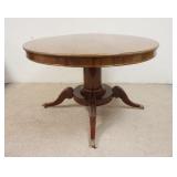 1026	ROUND PEDESTAL TABLE-BRASS CLAW FEET, CARVED LEGS, 46 IN DIAMETER, 30 IN HIGH