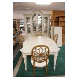 1028	6 PIECE STANLEY DINING ROOM SUITE, LARGE LIGHTED 2 PIECE HUTCH W/BEVELED GLASS DOORS, MIRROR BA