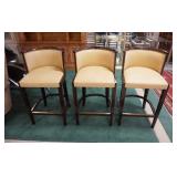 1031	3 BARREL BACK BAR CHAIRS, LEATHER SEATS, BRASS TRIM, BRASS FOOT RAILS