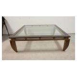 1039	GLASS INSET COCKTAIL COFFEE TABLE ON METAL AND EXOTIC WOOD BASE, 54 IN SQUARE X 17 1/2 IN HIGH