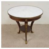 1040	INSET MARBLE TOP TABLE WITH BRONZE TRIM AND HEAVY CAST DETAILED BRONZE PAW FEET, 29 IN X 29 IN