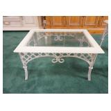 1050	BEVELED GLASS INSET OCCASIONAL TABLE WITH LATTICE WORK METAL TABLE BASE, 32 IN X 23 IN X 17 IN 