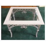 1051	BEVELED GLASS INSET OCCASIONAL TABLE WITH LATTICE WORK METAL TABLE BASE, 27 IN X 22 IN X 22 IN 