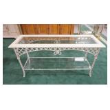 1052	BEVELED GLASS INSET SOFA TABLE WITH LATTICE WORK METAL TABLE BASE, 54 IN X 18 IN X 27 IN HIGH
