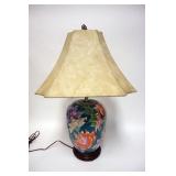 1068	ASIAN COVERED POTTERY URN TABLE LAMP WITH FLORAL DESIGN, 28 IN HIGH