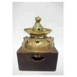 1080	BRASS ASIAN INCENSE BURNER IN WOOD FRAME, 10 IN SQ X 14 1/2 IN HIGH