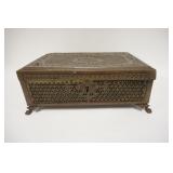 1087	LARGE BRASS DOUBLE HANDLED STORAGE BOX WITH PAW FEET AND PIERCED FRETWORK DESIGN THROUGHOUT, 15