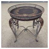 1108	ORNATE METAL STAND W/ RECESSED TRAY STYLE TOP, PAINT DECORATED. 24 IN SQ