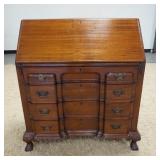 1115	MAHOGANY BLOCK FRONT SECRETARY DESK W/ BALL & CLAW FEET. 36 IN X 18 3/4 IN, 42 IN H 