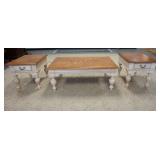 1130	COFFEE TABLE & TWO ONE DRAWER END TABLES W/ OAK TOPS. THE COFFEE TABLE IS 50 IN X 30 IN, 20 IN 