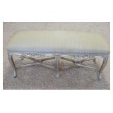 1158	UPHOLSTERED WINDOW BENCH W/GILT SILVER FINISH ON CARVED WOOD, SOME STAINING ON UPHOLSTERY, 43 1