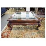 1159	CHERRY COFFEE TABLE WITH BEVELED GLASS INSET TOP AND CABRIOLE LEGS, 42 IN SQ X 17 IN HIGH