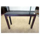 1161	BLACK LACQUERED ASIAN 1 DRAWER CONSOLE TABLE WITH FRETWORK DESIGN LEGS AND SKIRT, HAVING RED AN
