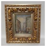 1168	CONTEMPORARY FRAMED OIL PAINTING OF A STREET SCENE. 17 IN X 19 1/2 IN. INCLUDING FRAME