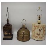 1196	LOT OF 3 ASIAN STYLE LAMPS, PAINT DECORATED, TIN & BRASS