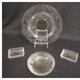1208	4 PIECE LOT OF LIBBEY CUT GLASS. 2 3/4 IN TRAYS, A 6 IN FINGER BOWL & A 12 IN PLATE. MADE FOR T