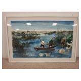 1219	FRAMED PRINT OF MEN IN A BOAT. HAS ORIGINAL LABEL MEZZETTI-MAESTRI 36 1/4 IN X 24 1/2 IN INCLUD