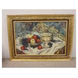 1221	LARGE OIL ON CANVAS FRUIT STILL LIFE. FRAME HAS SOME PAINT LOSS. 44 IN X 33 IN INCLUDING FRAME