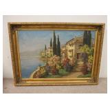 1222	LARGE OIL ON CANVAS OF A CONTINTENTAL VILLAGE, SIGNED G. PAOLI IN A GOLD FRAME W/ DECORATED COR