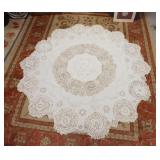 1233	ROUND LACE TABLE CLOTH. 101 IN DIAMETER. HAS STAIN SPOT