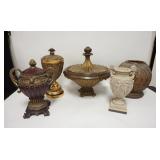 1235	LOT OF CONTEMPORARY DECORATED URNS & VASES. LARGEST IS 17 IN H 