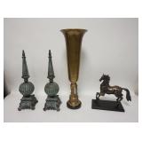 1239	LOT OF DECORATIVE ACCENT PIECES. INCLUDING A LARGE BRASS URN 24 IN H. & A BRONZE HORSE