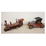1258	LARGE WOOD & METAL SCALE MODELS; LOCOMOTIVE & ANTIQUE CAR. TRAIN IS 20 IN X 11 IN 