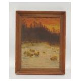 1267	SIGNED OIL ON CARDBOARD OF SHEEP IN A SNOWY FIELD W/ SUNSET & MAN IN THE DISTANCE. SIGNED LOWER