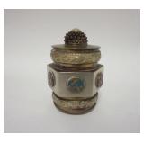 1280	UNUSUAL CHINESE METAL FOOTED COVERED CONTAINER WITH APPLIED MULTI COLORED ENAMELED DESIGNS AROU