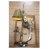 1283	LOT W/SILVER PLATED CANDLE LAMP ALSO HOTEL TEAPOT, CARVING SET & 2 NAPLIN RINGS, LAMP IS 23 1/4