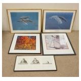 1309	5 PIECE FRAMED ARTWORK, WHALES, CAT, ETC, WHALE PRINTS ARE 27 IN X 21 IN INCLUDING FRAMES, LEAF