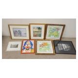 1310	7 PIECE LOT FRAMED ARTWORK, IMPRESSIONIST, FLORAL, CLOWN, ETC, BLACK & WHITE PHOTO IS 20 3/4 IN