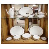 1002	46 PIECE SPODE KINGHTSBRIDGE PARTIAL DINNERWARE SET, COBALT BLUE & GOLD TRIM, LARGE PLATTERS AR