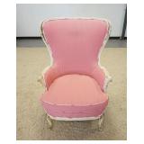 1027	CARVED UPHOLSTERED ARM CHAIR, FRAME IS PAINTED WHITE. 32 IN W, 43 1/2 IN H 