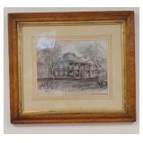 1051	PRINT OF A LARGE HOUSE W/HORSES TETHERED IN FRONT, APPEARS TO BE PENCIL SIGNED UNDER THE MAT, M
