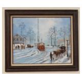 1052	DICK SCHISLER ACRYLIC  *EASTON CIRCLE* ON ARTIST BOARD, WINTER, 25 IN X 21 IN INCLUDING FRAME