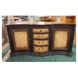 1055	4 DRAWER 2 DOOR SIDEBOARD W/PAINT DECORATED PANELS, PATTERNED VENEER TOP & SERPENTINE FRONT, 2 