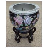 1058	HAND PAINTED ASIAN JARDENIERE ON A WOODEN BASE, TOTAL HEIGHT 20 1/2 IN, TOP DIAMETER 14 1/4 IN