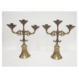 1074	PAIR OF BRASS 3 LIGHT CANDELABRA W/BELL BASES, 13 1/2 IN HIGH