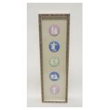 1075	5 FRAMED WEDGWOOD JASPERWARE MEDALLIONS, FRAME 8 1/4 IN X 26 1/4 IN, MEDALLIONS APPROXIMATELY 3