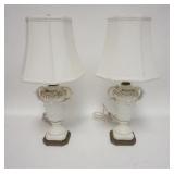 1076	PAIR OF PORDELAIN LAMPS W/APPLIED FLOWERS, LOSSES TO APPLIQUE, TAILOR MADE CLOTH SHADES, 18 IN 