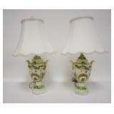 1077	PAIR OF HAND PAINTED PORCELAIN LAMPS, TAILOR MADE CLOTH SHADES, 19 IN HIGH