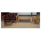 1105	4 PIECE MISSION STYLE FURNITURE, SETTEE, FOOTSTOOL, COFFEE TABLE & END TABLE, SETTEE IS 62 IN W