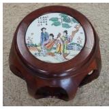1111	CARVED ASIAN STAND W/PORCELAIN HAND PAINTED INSERT, 13 1/2 IN HIGH , 11 1/2 IN TOP DIAMETER