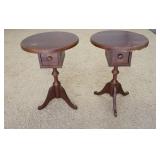 1115	PAIR OF SMALL LANE ROUND TABLES, WITH A DRAWER IN EACH, ONE TOP IS WARPED, FINISH WEAR, 18 IN D