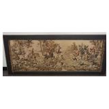 1120	HUNT SCENE TAPESTRY MOUNTED IN A FRAME, 79 IN X 33 IN INCLUDING FRAME