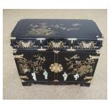 1121	ASIAN BLACK LACQUER CHEST W/PAINT & CARVED STONE DECORATION, BRASS TRIM, 3 DRAWERS & 2 DOORS, 3