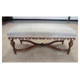 1128	WINDOW BENCH W/WHITE BROCADE UPHOLSTERY & TASSELS, HAS A STRETCHER BASE & TURNED LEGS, 48 IN X 