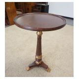 1130	TALL ROUND PEDESTAL TABLE, HAS GILT TRIM & STYLIZED CLAW FEET, 30 IN DIAMETER, 42 IN HIGH