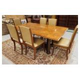 1139	BURL TOP DINING TABLE & 6 CHAIRS, HAS ONE 19 5/8 IN LEAF, TABLE IS 78 IN X 46 IN CLOSED